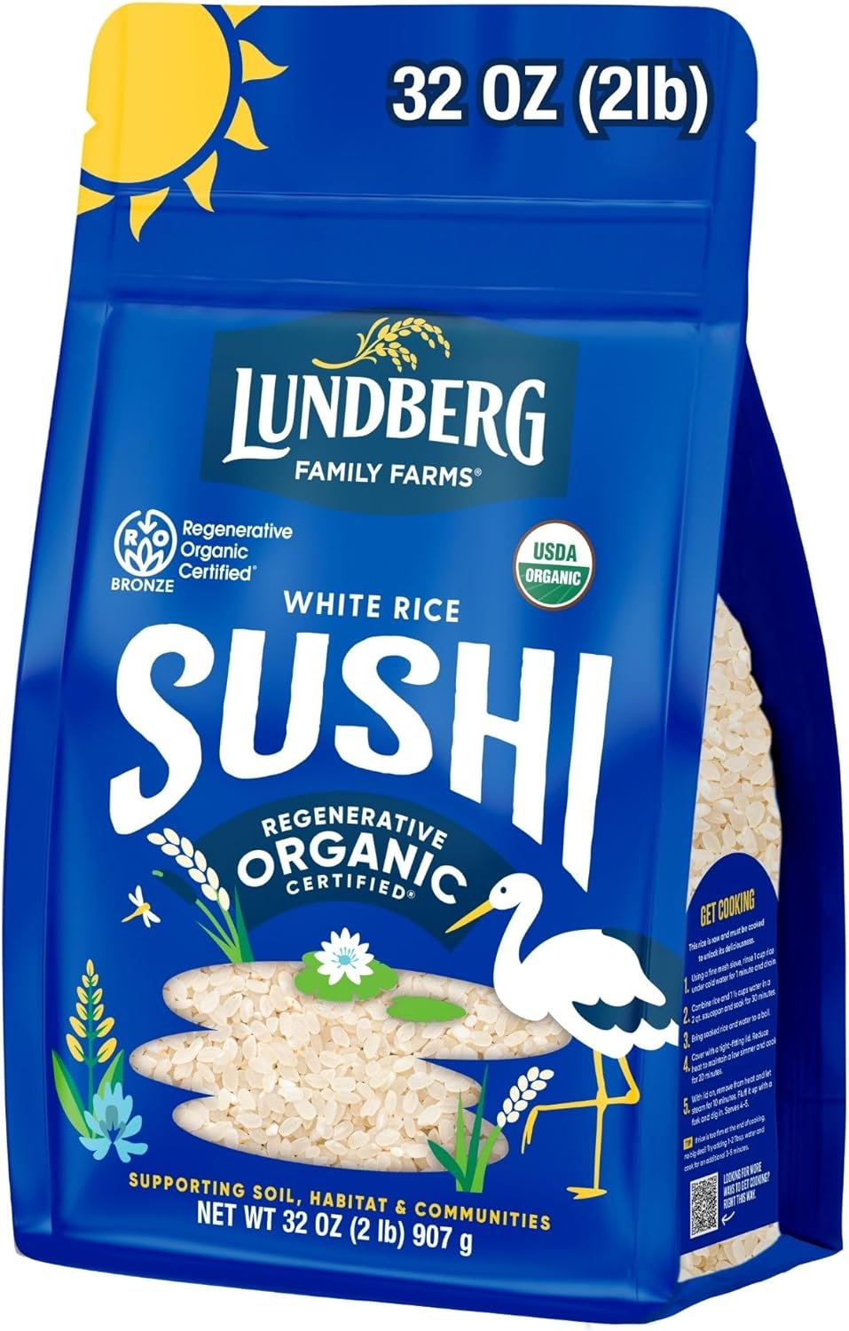Lundberg Organic California Sushi Rice - Short Grain Rice, White Japanese-Style Sticky Rice for Perfect Sushi Rolls, Rice Bowls, and Mochi, White Rice Grown in California, 32 Oz