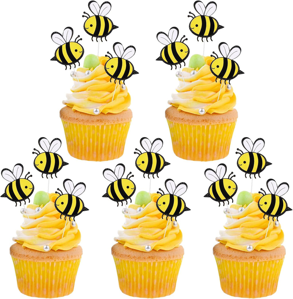 30Pcs Bee Cake Toppers Double Layer Bee Card Cake Toppers Bumble Bee Cupcake Little Bee Cake Decorations Bumble Figurine Cupcake Picks for Bee Theme Boys Girls Birthday Party Decoration Supplies