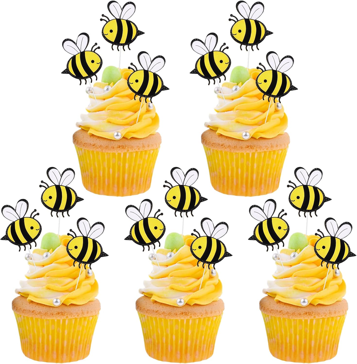 30Pcs Bee Cake Toppers Double Layer Bee Card Cake Toppers Bumble Bee Cupcake Little Bee Cake Decorations Bumble Figurine Cupcake Picks for Bee Theme Boys Girls Birthday Party Decoration Supplies