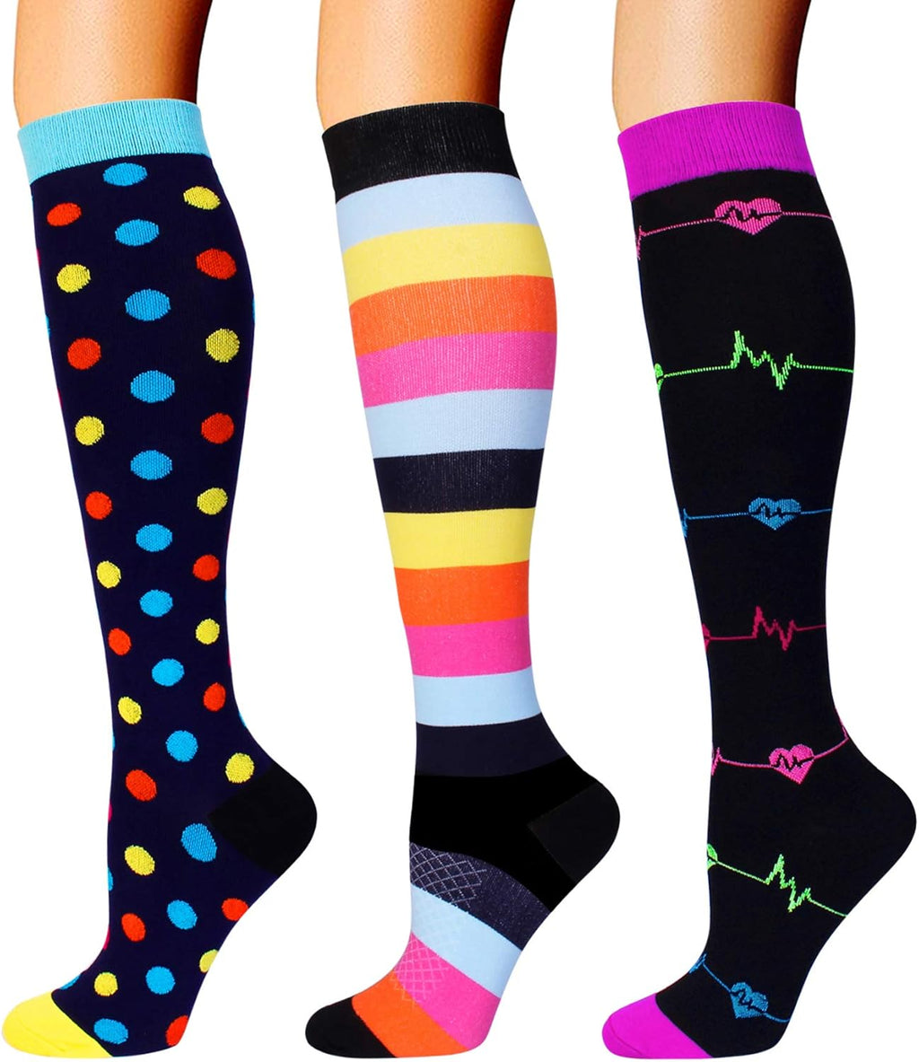 Double Couple 3 Pairs Compression Socks for Women Men 20-30mmhg Knee High Stocking for Sports Running Travel Nurses