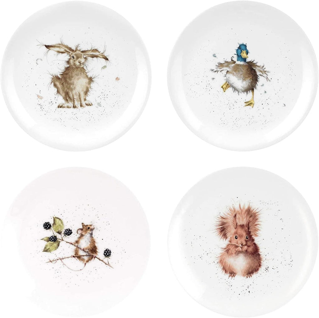 Portmeirion Royal Worcester Wrendale Designs Fine Bone China Coupe Plate, Set of 2-8 Inch Plates with Assorted Animal Designs - Hare, Duck, Hamster, Squirrel - Christmas Tableware for Cozy Dining