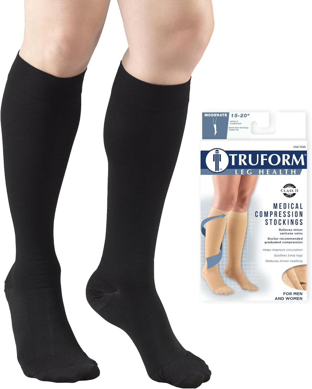 Truform 15-20 mmHg Compression Stockings for Men and Women, Knee High Length, Closed Toe, Black, Medium