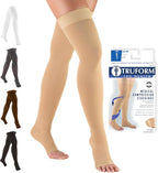Truform 20-30 mmHg Compression Stockings for Men and Women, Thigh High Length, Dot-Top, Open Toe, Beige, Medium