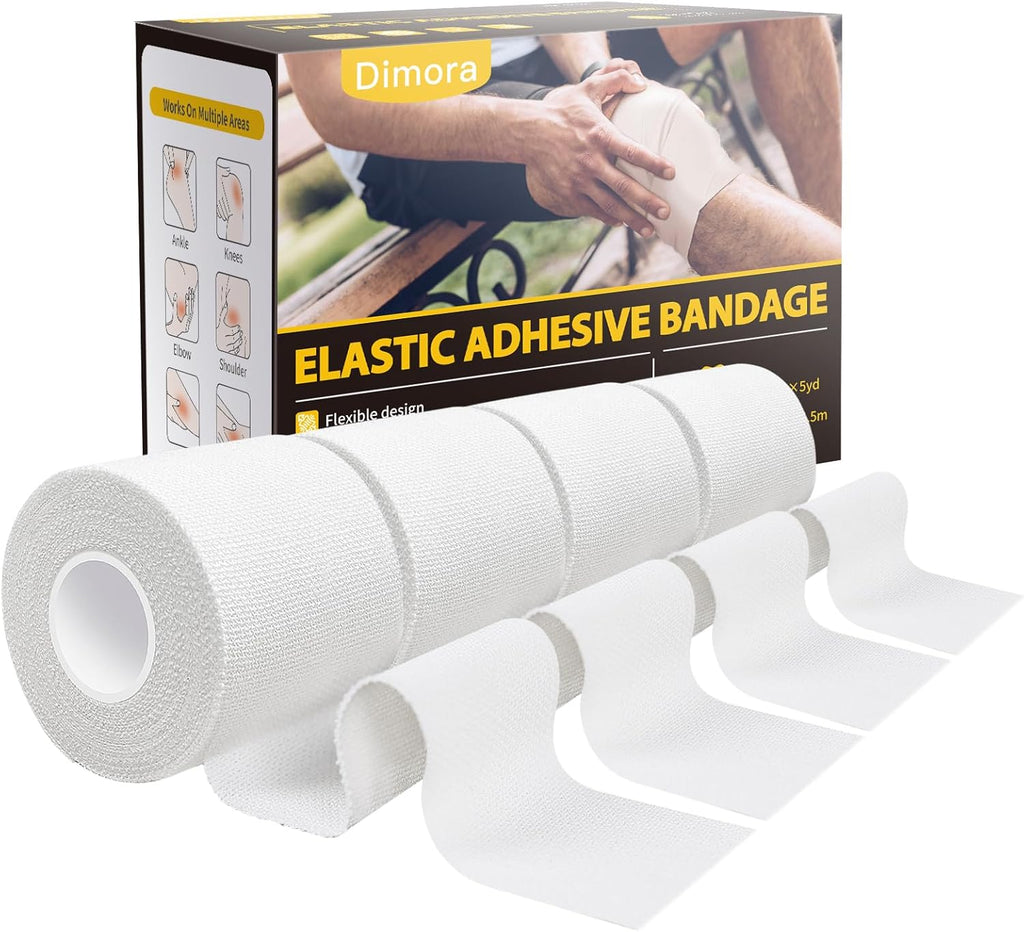 Dimora 4-Pack Elastic Adhesive Bandage Tape - Durable Elastic Tape for Joints Support and First Aid Kit, No Sticky Residue, Strong Bandage Wraps for a Pained and Tender Joint
