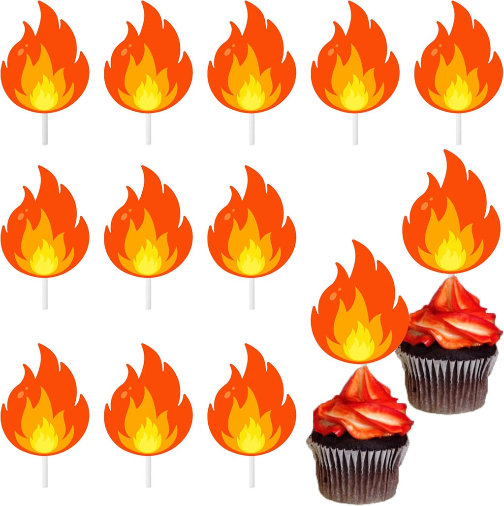 24Pcs Fire Flame Theme Cupcake Toppers Flame Birthday Party Decorations Fire Theme Cake Cupcake Decorations for Firefighter Birthday Party Fire Truck Baby Shower Supplies
