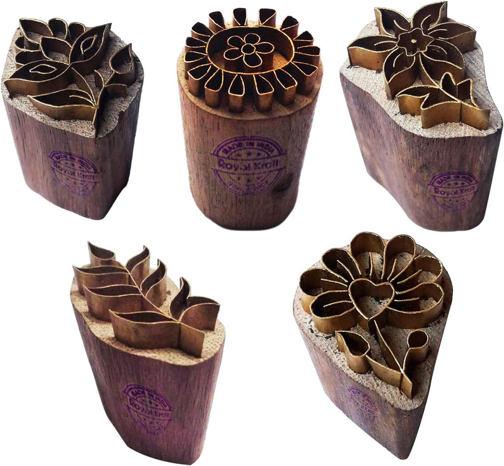 Royal Kraft Floral Brass Wooden Printing Stamps (Set of 5) - DIY Fabric, Clay, Pottery Blocks BHtag0002