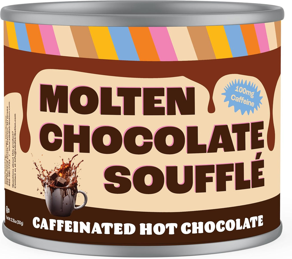 Crazy Cups Caffeinated Molten Chocolate Souffle Hot Cocoa Mix - Premium Coffee Substitute, 12 Ounce Canister for Bulk Hot Chocolate Lovers