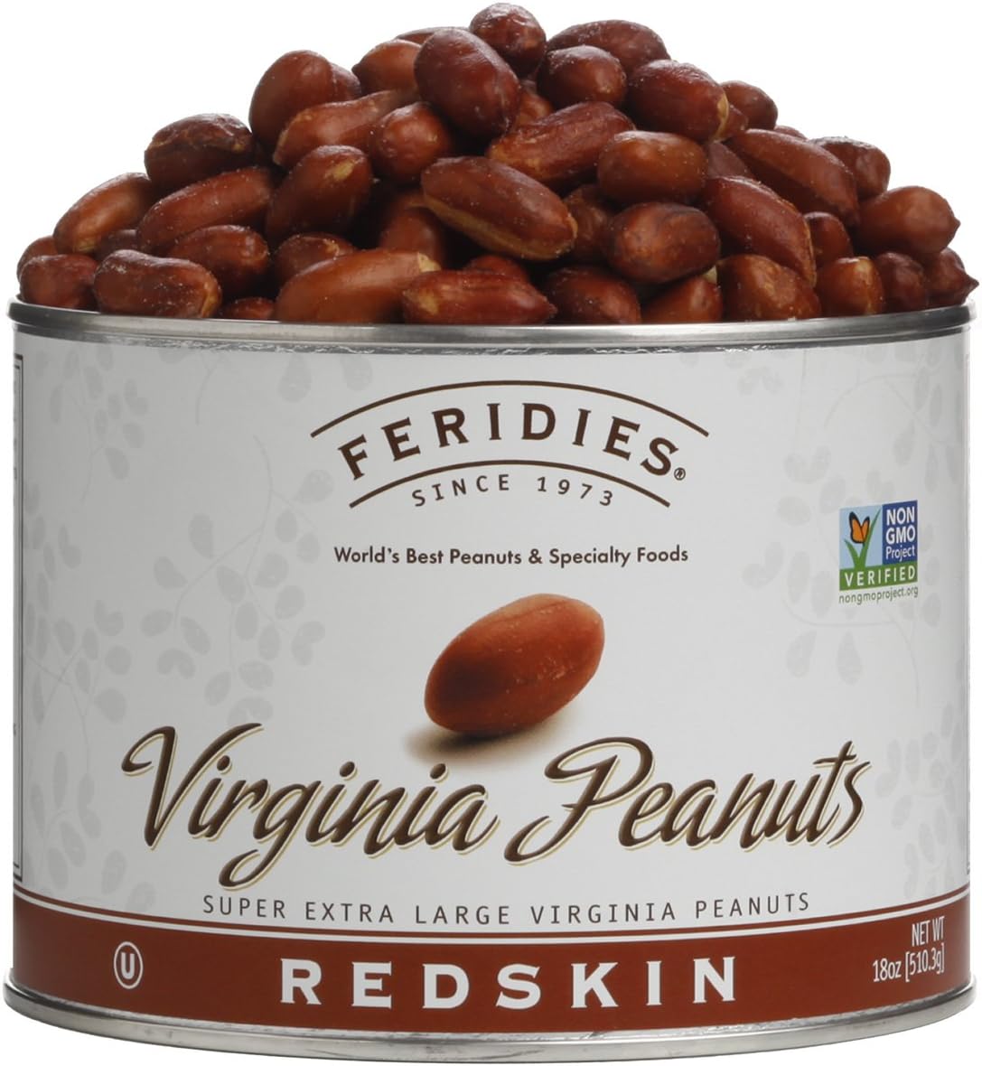 FERIDIES Extra Large Gourmet Salted Redskin Virginia Peanuts with Skins, 18 Oz CAN, All Natural, Kosher, Non-GMO