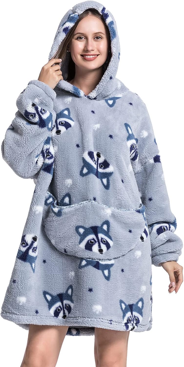 Deserthome Wearable Blanket Hoodie Oversized Hooded Blanket for Adult Women Super Soft Comfortable Warm Flannel Grey Raccoon