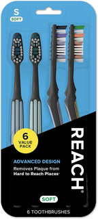 Reach Advanced Design Toothbrush with Toothbrush Cap, Angled Neck, Soft Bi-Level Bristles, Contoured Handle, Tongue Scraper, 6 Count