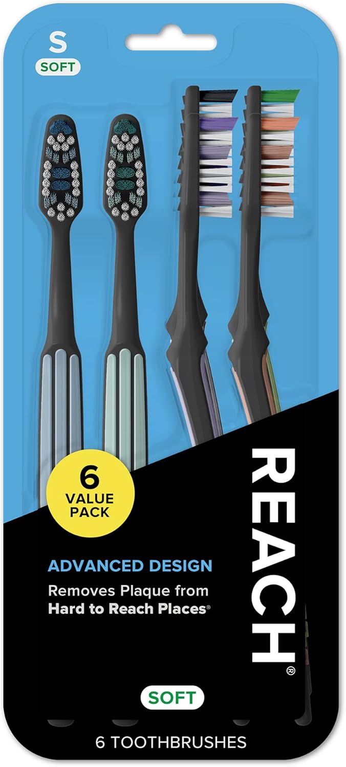 Reach Advanced Design Toothbrush with Toothbrush Cap, Angled Neck, Soft Bi-Level Bristles, Contoured Handle, Tongue Scraper, 6 Count