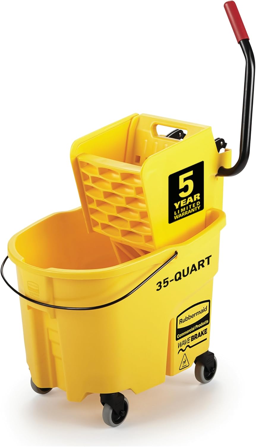Rubbermaid Commercial Products WaveBrake 35 Qt. Side-Press Mop Bucket and Wringer Combo on Wheels Yellow for Professional/Industrial/Business Heavy-Duty Floor Cleaning/Mopping