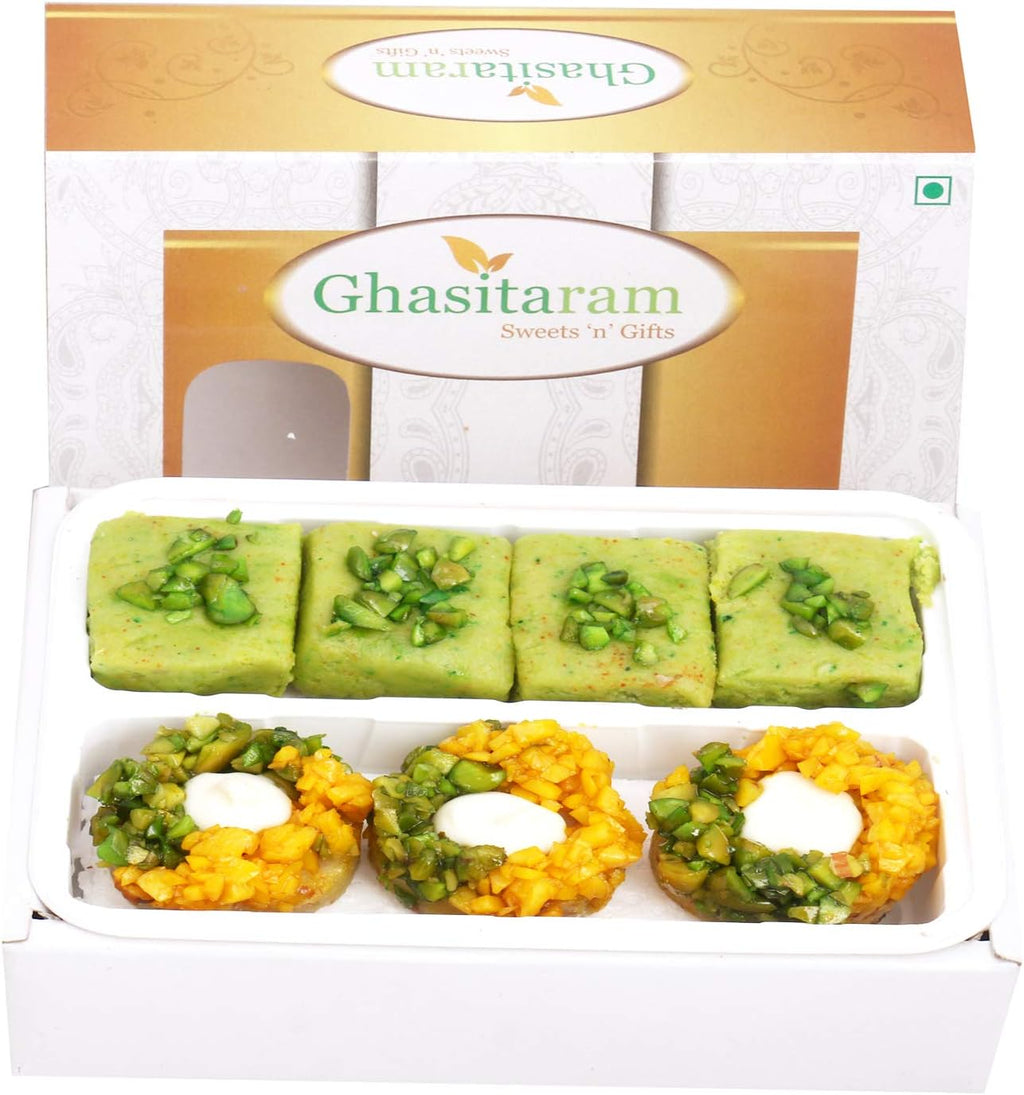 Ghasitaram Gifts Indian Sweets - Sweets -Assorted Box of Pista Barfi, Kesar Pista Delight, Choco Boat and Besan Barfi 200 GMS