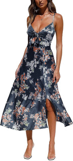 Fashionme Women Spaghetti Strap Midi Satin Dresses Tie Front Backless Slit Cutout Dress Semi-Formal/Casual Flowy Lightweight Navy Blue 2 Medium
