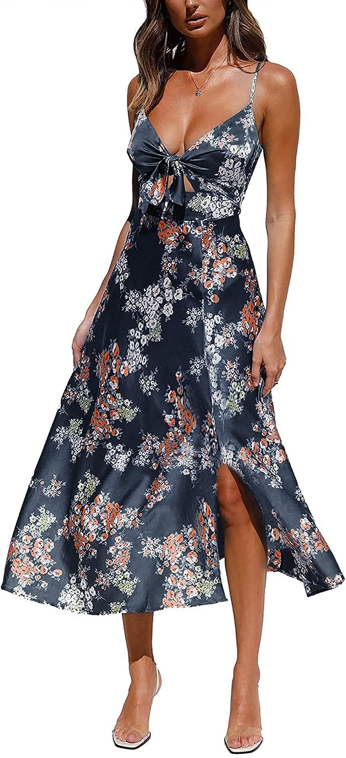 Fashionme Women Spaghetti Strap Midi Satin Dresses Tie Front Backless Slit Cutout Dress Semi-Formal/Casual Flowy Lightweight Navy Blue 2 Medium