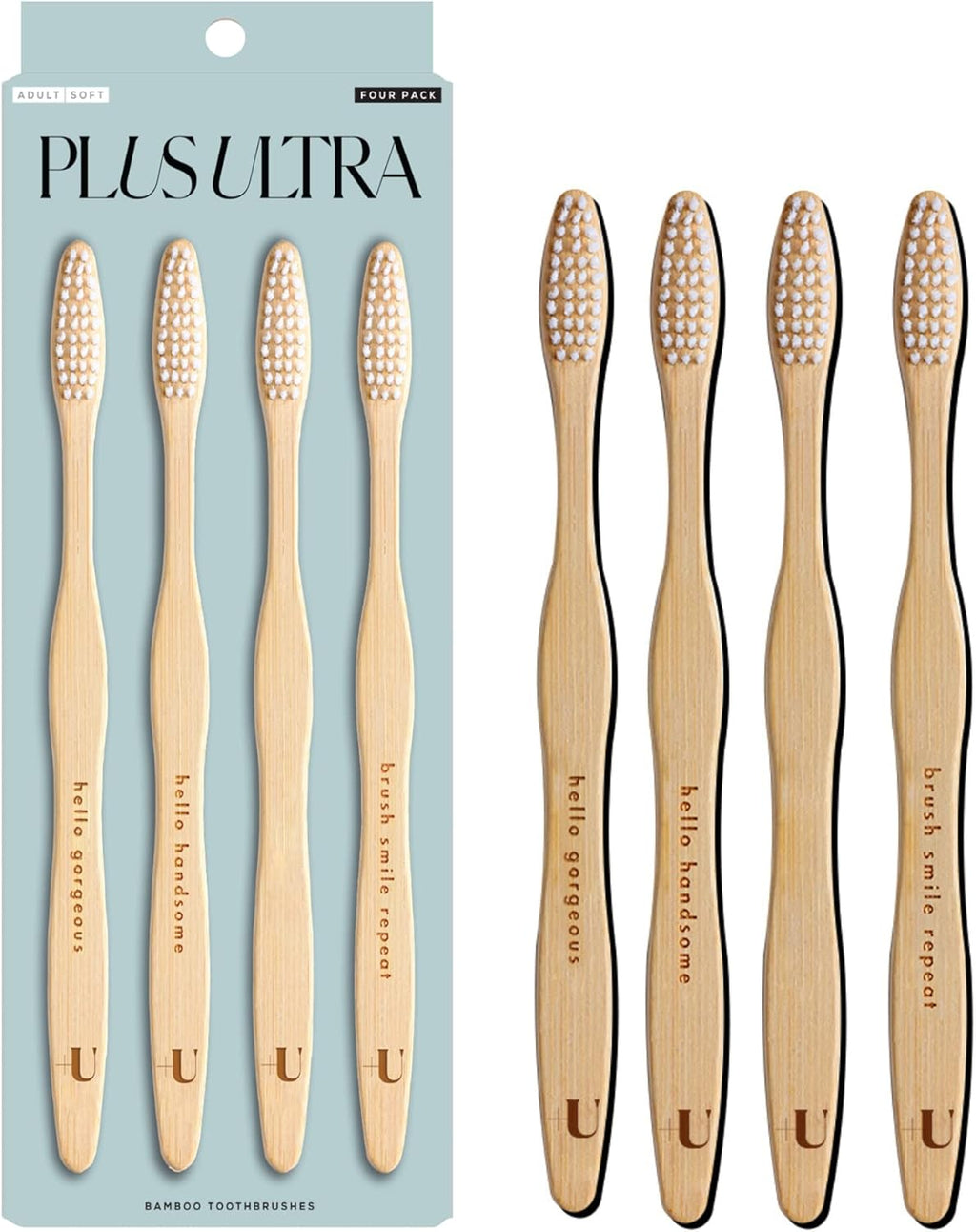 Plus Ultra Eco-Friendly Bamboo Toothbrush 4-Pack – Soft Bristles for Sensitive Gums – Sustainable, Biodegradable Moso Bamboo – All Natural and BPA Free with Positive Affirmations Etched on Handles