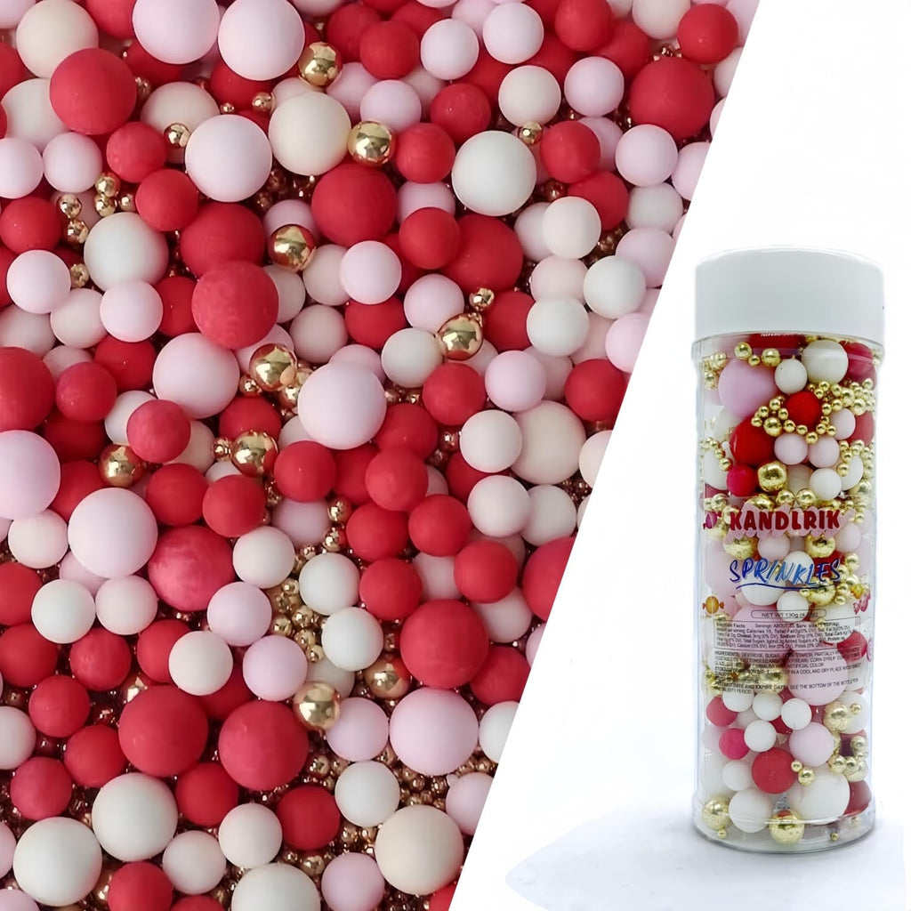 Edible Red & Pink & White & Gold Sugar Pearls Sprinkles Candy Mix Size Pearls Cake Decorations Cupcake Toppers Decorating Perfect for Wedding Party Valentine Christmas Supplies 4.58OZ