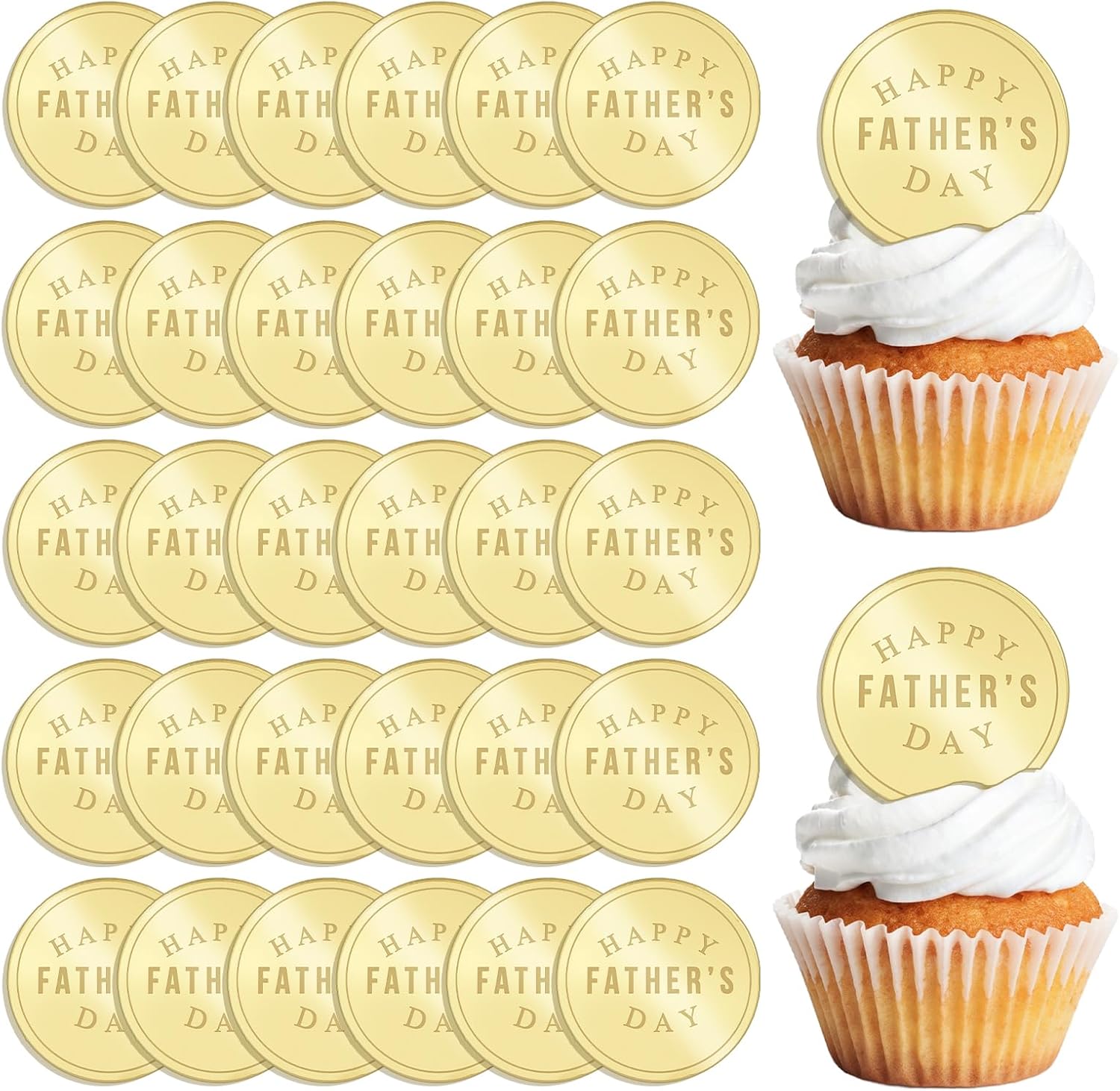 Father's Day Cupcake Toppers, 20Pcs Golden Mirror Round Happy Father's Day Font Cake Picks Acrylic Reflective Cake Charms for Party Decor
