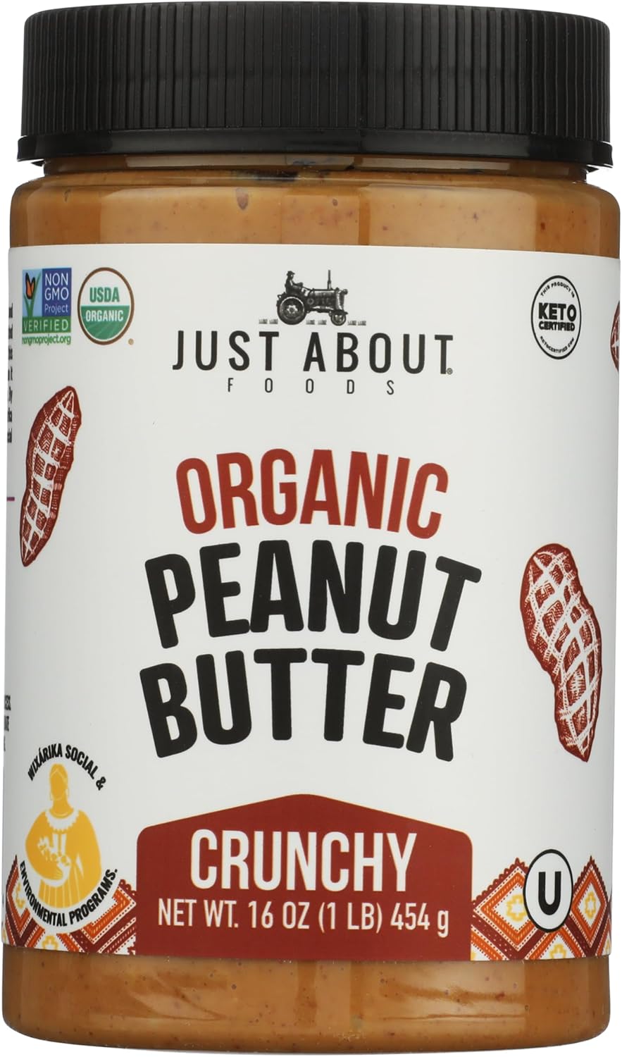 Just About Foods Organic & Keto Peanut Butter Crunchy 1 lb Gluten-Free, No Sugar Added, Palm Oil Free Single Ingredient, Unsweetened Peanut Spread