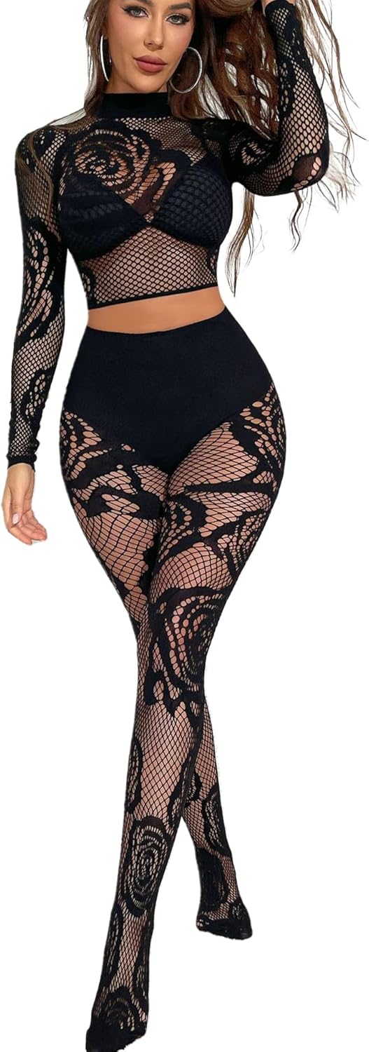 Womens Tight Mesh Lingerie Sets, 2 Piece Club Fishnet Outfits, Long Sleeve Crop Top and High Waist Footed Leggings