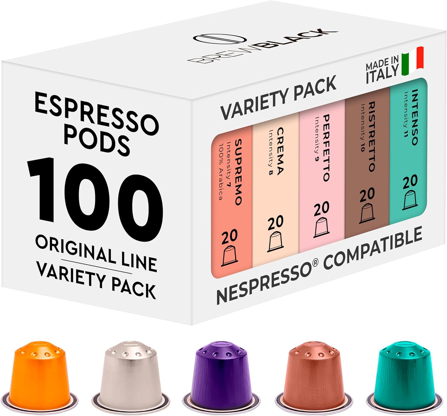 BrewBlack Variety Pack Coffee Capsules - 100 Aluminum Coffee Pods Compatible with Nespresso Original line, Medium and Dark Roast - Made in Italy