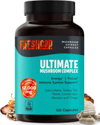 FreshCap Mushrooms Premium Organic Ultimate Mushroom Supplement - 12:1 Fruiting Body Extract with 29% Beta-Glucans - 3rd-Party Tested Nootropic for Energy, Focus & Immune Support (120 Capsules)