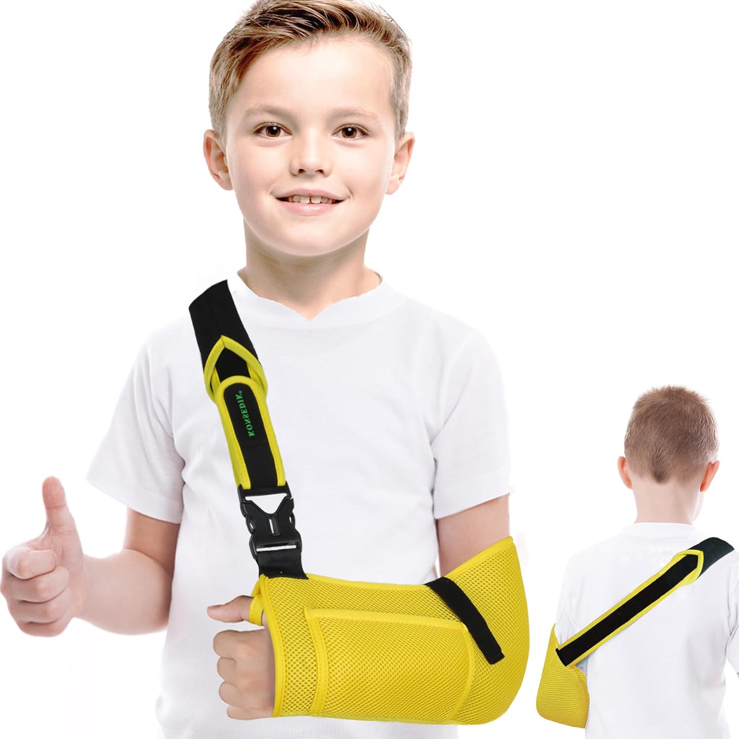 Arm Sling for Kids - Adjustable Breathable Shoulder Immobilizer with Pockets,Supports Rotator Cuff Injury,Wrist,Elbow,Clavicle Fracture Recovery,Post-Surgery Sling for Left or Right Arm(Yellow,Small)