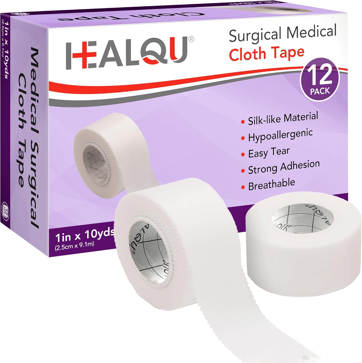 Healqu Silk Like Medical Tape - Durable Cloth Medical Tape - 1 in x 10yd - Surgical Tape Woven for Strongly Holding Large Dressings, Securing Splints, and Ideal for Long-Term Care (1"x10yd (12 Pack))