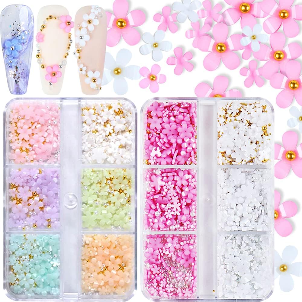 3D Flower Nail Charms, 2 Boxes 3D Acrylic Flower Nail Art Charms and Gems White Pink Mixed Cherry Blossom Spring Rhinestones Acrylic Nail Supplies with Pearls Manicure DIY Nail Decorations