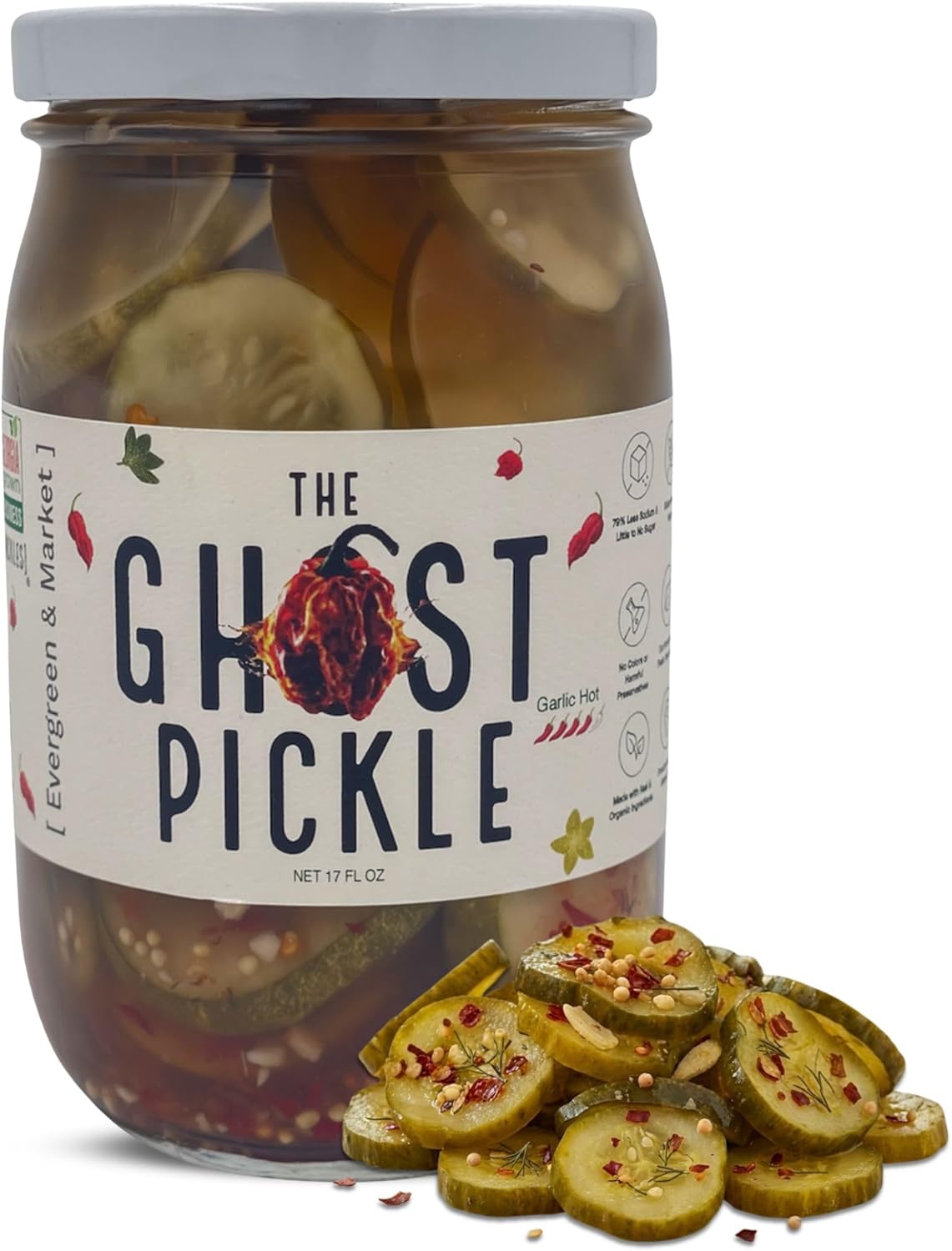 [PICKLES] - The Ghost Pickle - 79% Less Sodium & Sugar Free - Infused with Ghost Peppers - Fiery 4/5 Heat - Spicy Gourmet for Savory Dishes & Bold Cocktails - Made from Fresh Southern Produce - 17 Oz