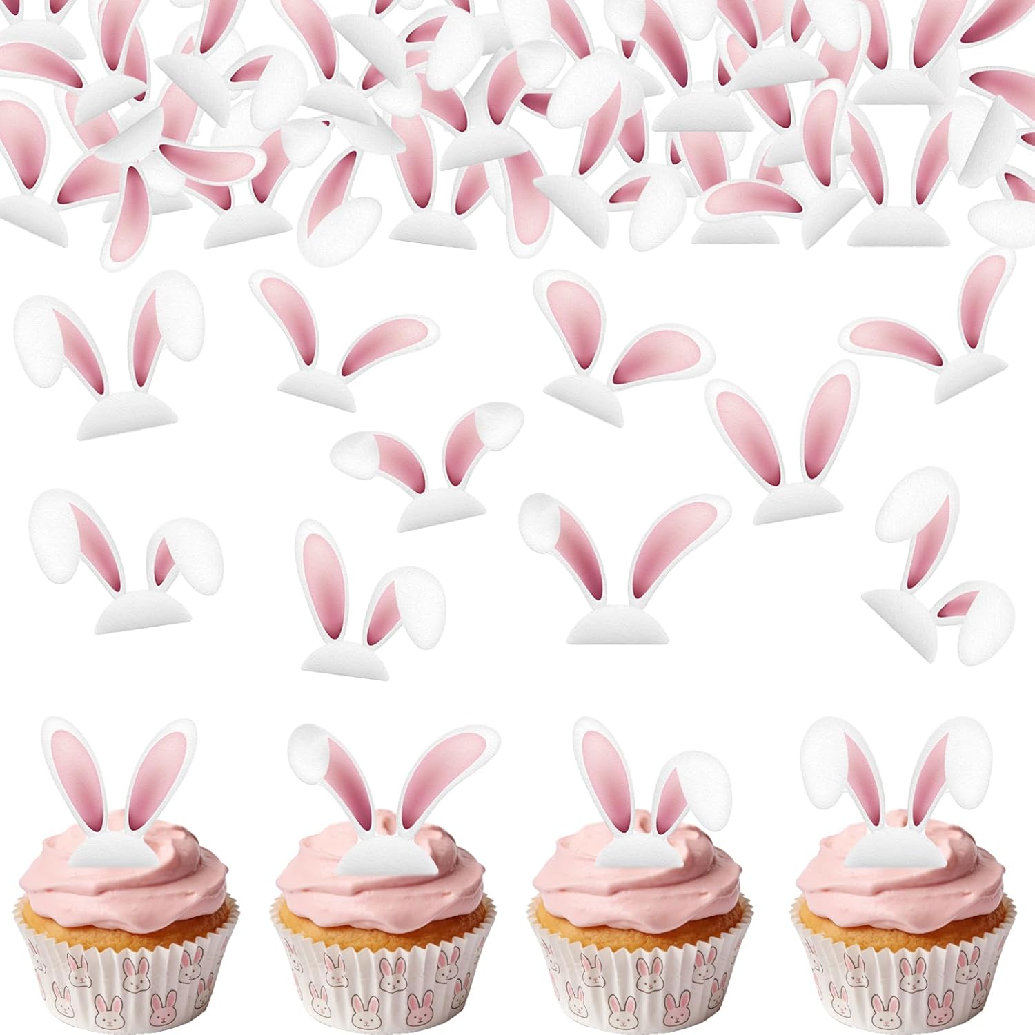 72PCS Edible Easter Bunny Ear Cupcake Toppers Wafer Paper Pink White Bunny Ear Cake Toppers Edible Rabbit Ears Cupcake Picks for Easter Theme Spring Birthday Baby Shower Party Supplies