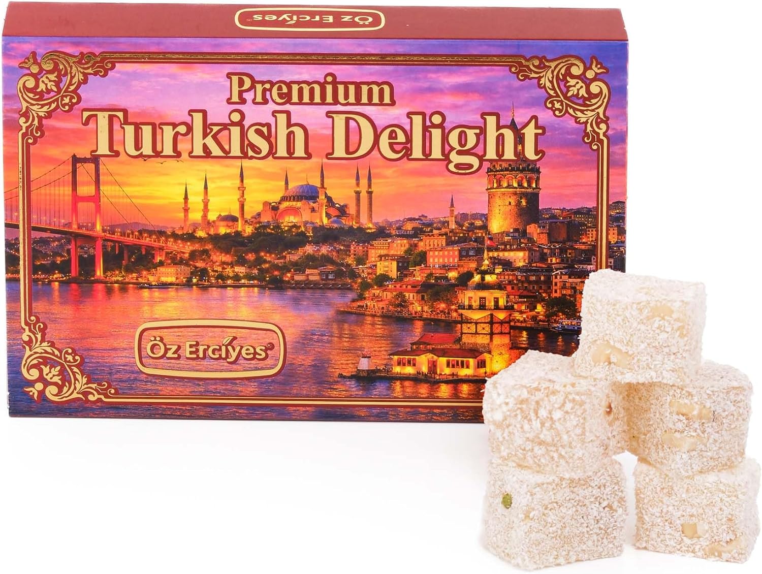 Turkish Delights Candy Gift Box – Assorted Turkish Delight Lokum, Traditional Turkish Food Sweet, Gourmet Lokum Candy, 7.05 oz (200g) (Hazelnut-Coconut)