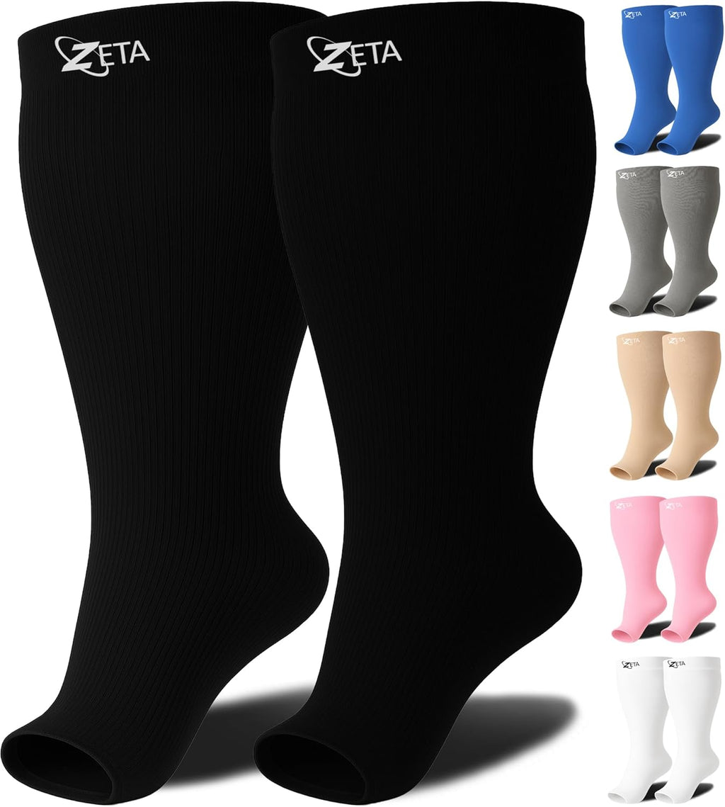 Zeta Wear Plus Size Open Toe Compression Socks 15-19 mmHg - Wide Calf Support for Men & Women
