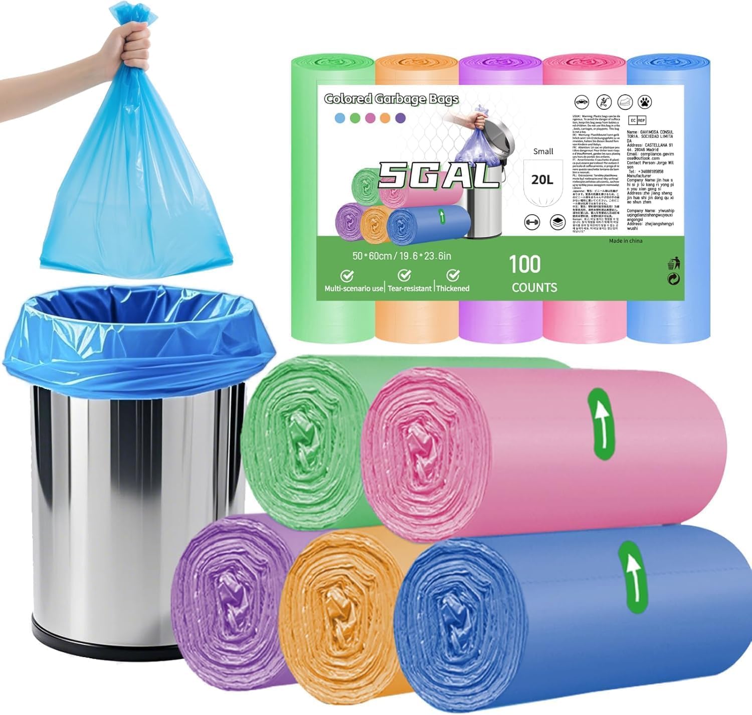 5 Gallon Small Garbage Bags – 100 Count Colorful Bathroom Trash Bags, Durable Plastic Bags Liners with Kitchen,20L Bins