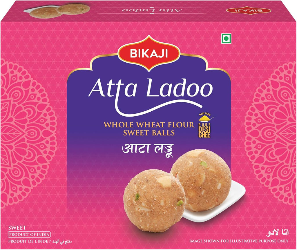 Bikaji Atta Ladoo 14.11 oz (400g), Premium Whole Wheat Ladoo, Traditional Indian Sweet, Authentic Homemade Style Mithai, Ready to Eat Festive Dessert, Gifting Sweet, Premium Ladoo Sweet Box