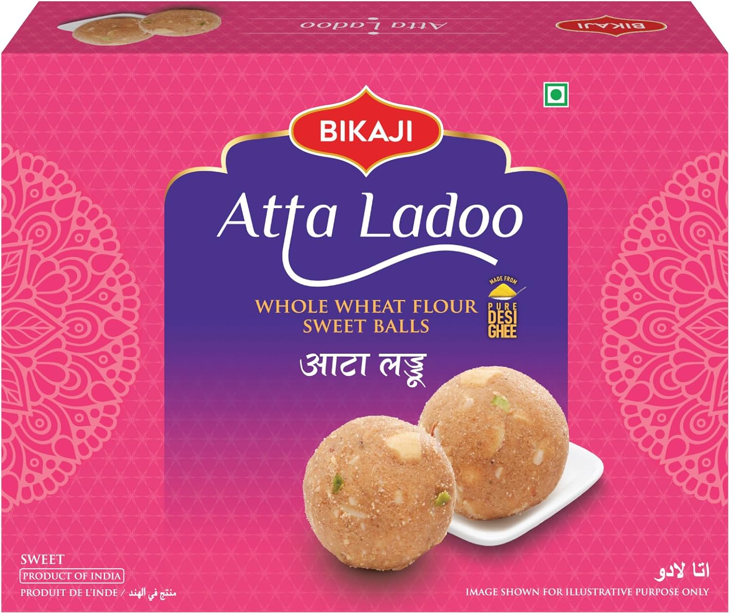 Bikaji Atta Ladoo 14.11 oz (400g), Premium Whole Wheat Ladoo, Traditional Indian Sweet, Authentic Homemade Style Mithai, Ready to Eat Festive Dessert, Gifting Sweet, Premium Ladoo Sweet Box