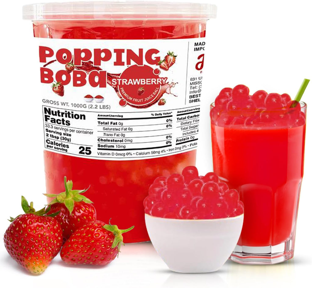 Fanale Strawberry Popping Boba Pearls, Vegan, Non GMO, Gluten Free, Fat Free, Perfect for Bubble Tea, Smoothies, Ice Cream, Desserts, and Beverages.