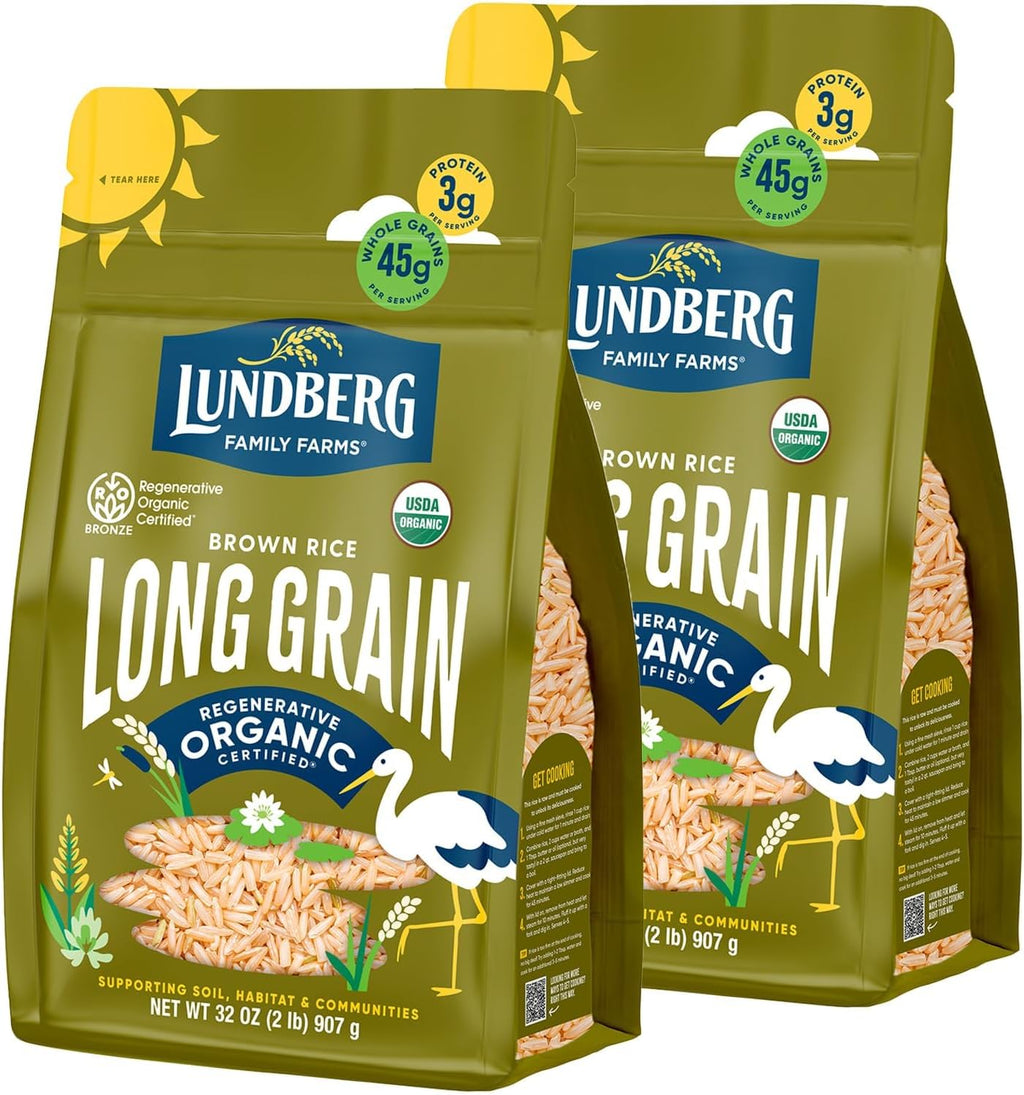 Lundberg Brown Rice, Regenerative Organic Certified, 2-Pack – Non-Sticky, Aromatic Long Grain Rice, Responsibly Grown in California, 32 Oz Ea
