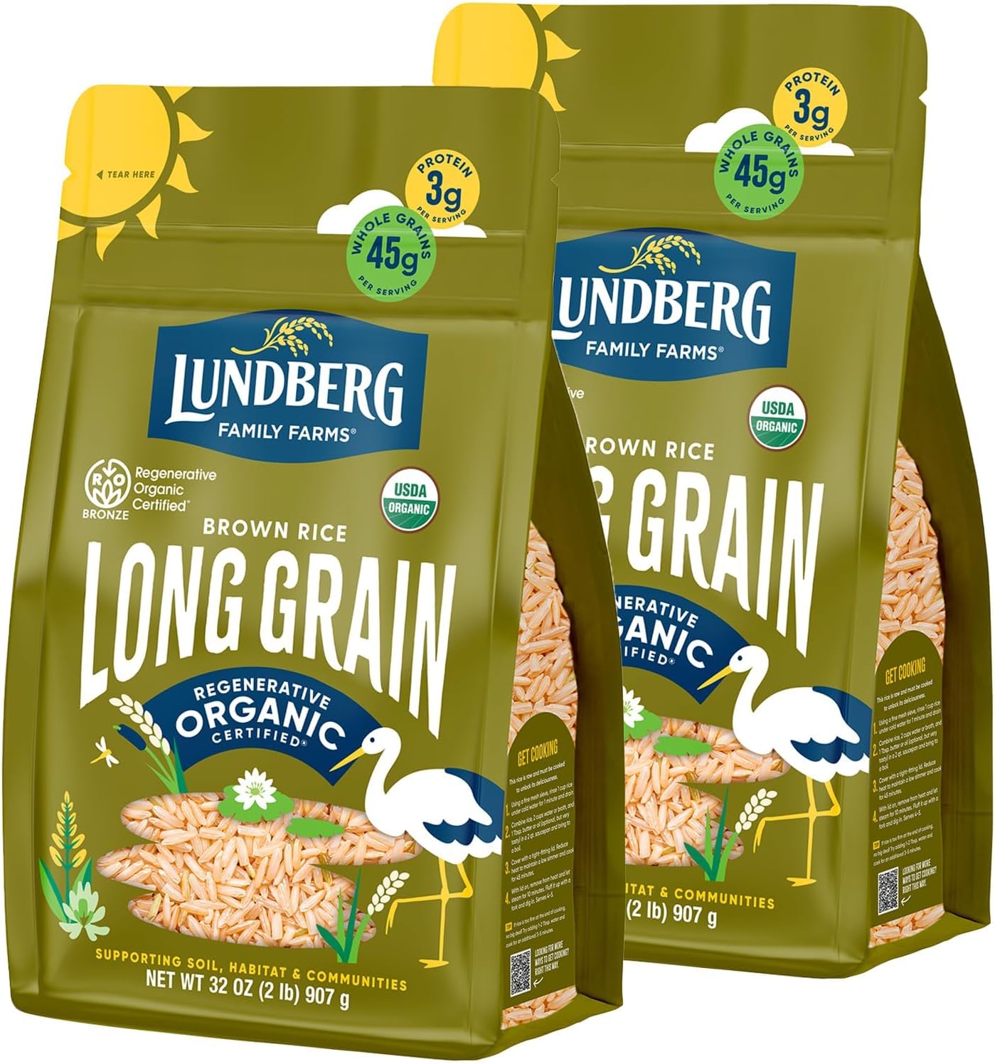 Lundberg Brown Rice, Regenerative Organic Certified, 2-Pack – Non-Sticky, Aromatic Long Grain Rice, Responsibly Grown in California, 32 Oz Ea