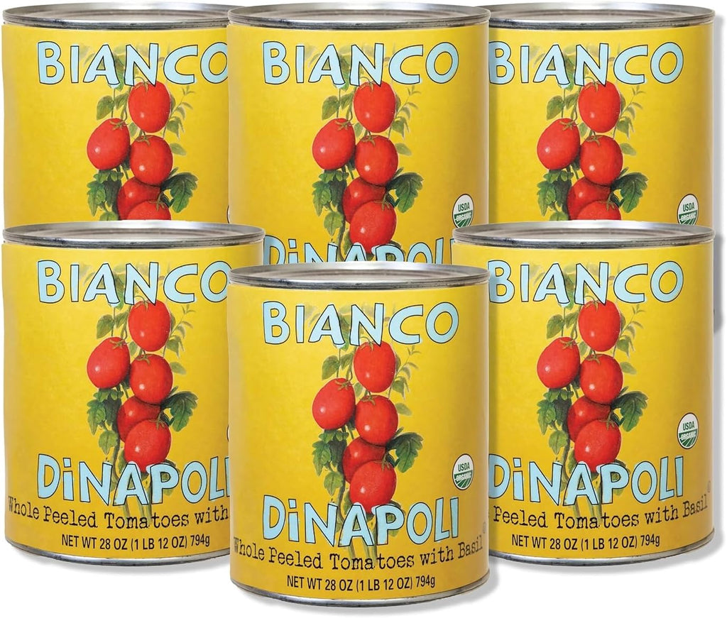 Bianco DiNapoli Organic Whole Peeled Canned Tomatoes in Puree, 28 Oz (Pack of 6), Vine Ripened California Grown, with Basil, Perfect for Soups, Sauces, Pasta and More