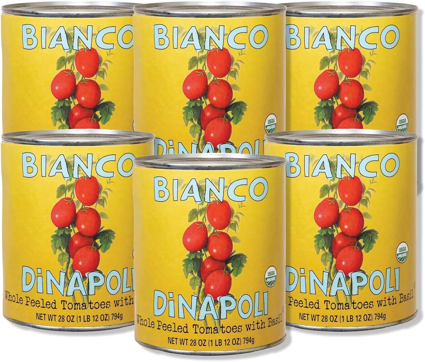Bianco DiNapoli Organic Whole Peeled Canned Tomatoes in Puree, 28 Oz (Pack of 6), Vine Ripened California Grown, with Basil, Perfect for Soups, Sauces, Pasta and More