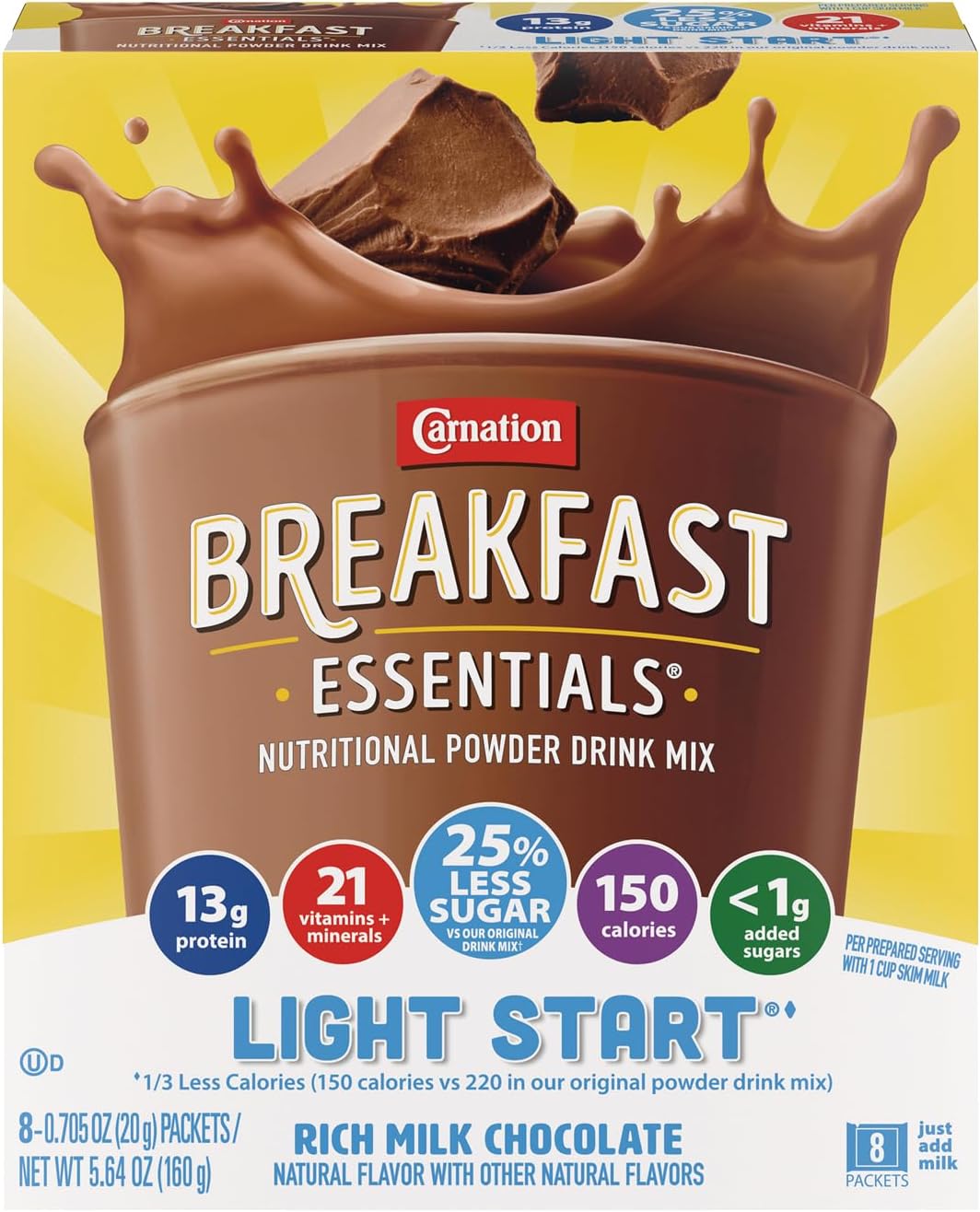 Carnation Breakfast Essentials Light Start Nutritional Powder Drink Mix Rich Milk Chocolate, 8 Count Box of 0.705 oz Packets (Pack of 8 Boxes)