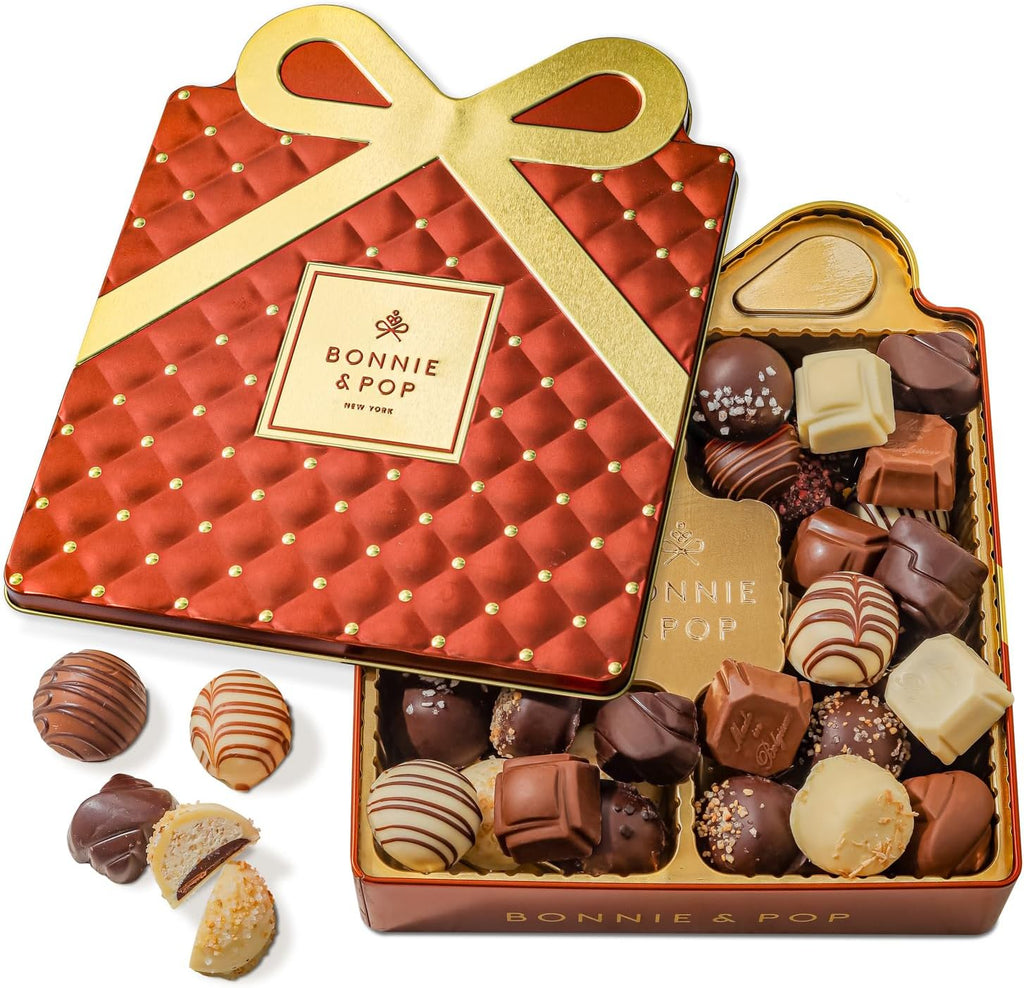 Chocolate Gift Basket, Candy Food Gifts Arrangement Platter, Gourmet Snack Gift Bow Tin Box, Present Idea, Corporate Him & Her, Men, Women, Family- Gourmet Belgian Truffles- Brown- Bonnie & Pop