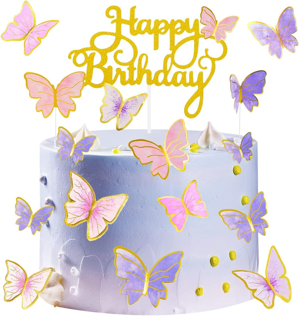 100Pcs Butterfly Cake Topper, Cupcake Topper, Cake Decorations, Cake Topper, Birthday Anniversary Decor, Party Decorations for Women Girls, Mixed Size (Pink Purple Gold)