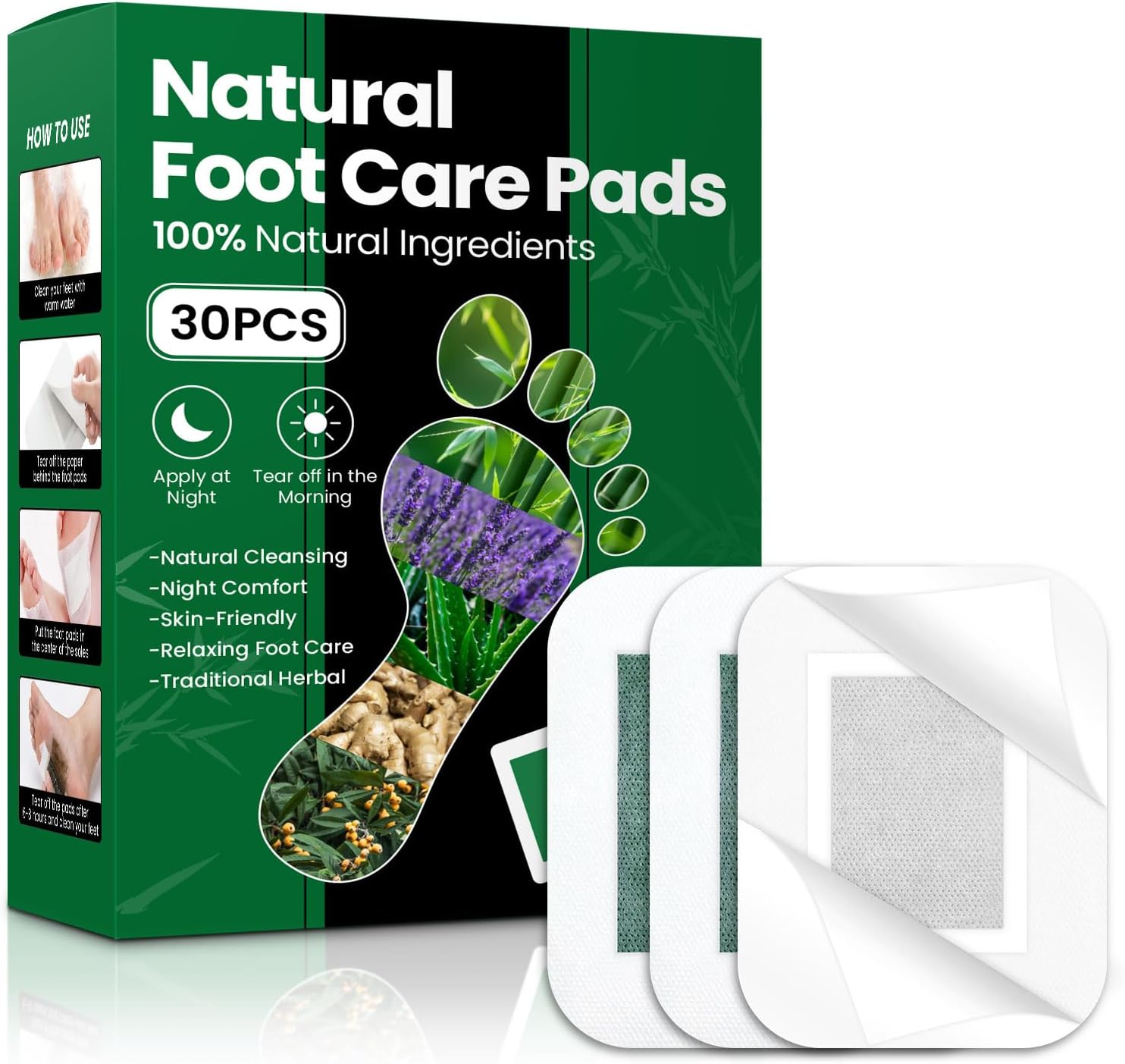 30 PCS Foot Care Pads, Natural Deep Cleansing Foot Patches for Fatigue Relief & Relaxation with Bamboo Vinegar | Ginger | Aloe | Lavender, Natural Sleep Aid & Circulation Support for Daily Basic Care
