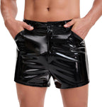 Mens Wetlook Leather Short Belted Pants Sexy Flat Front Zipper Open Crotch Shorts Casual Pockets Buckled Boxer