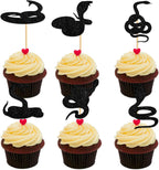 Snake Cupcake Topper for Snake Reptile Pet Theme Party Favors Decorations Men Women Kids Happy Birthday Baby Shower Party Decor Supplies set 18pcs Black Glitter Silhouette