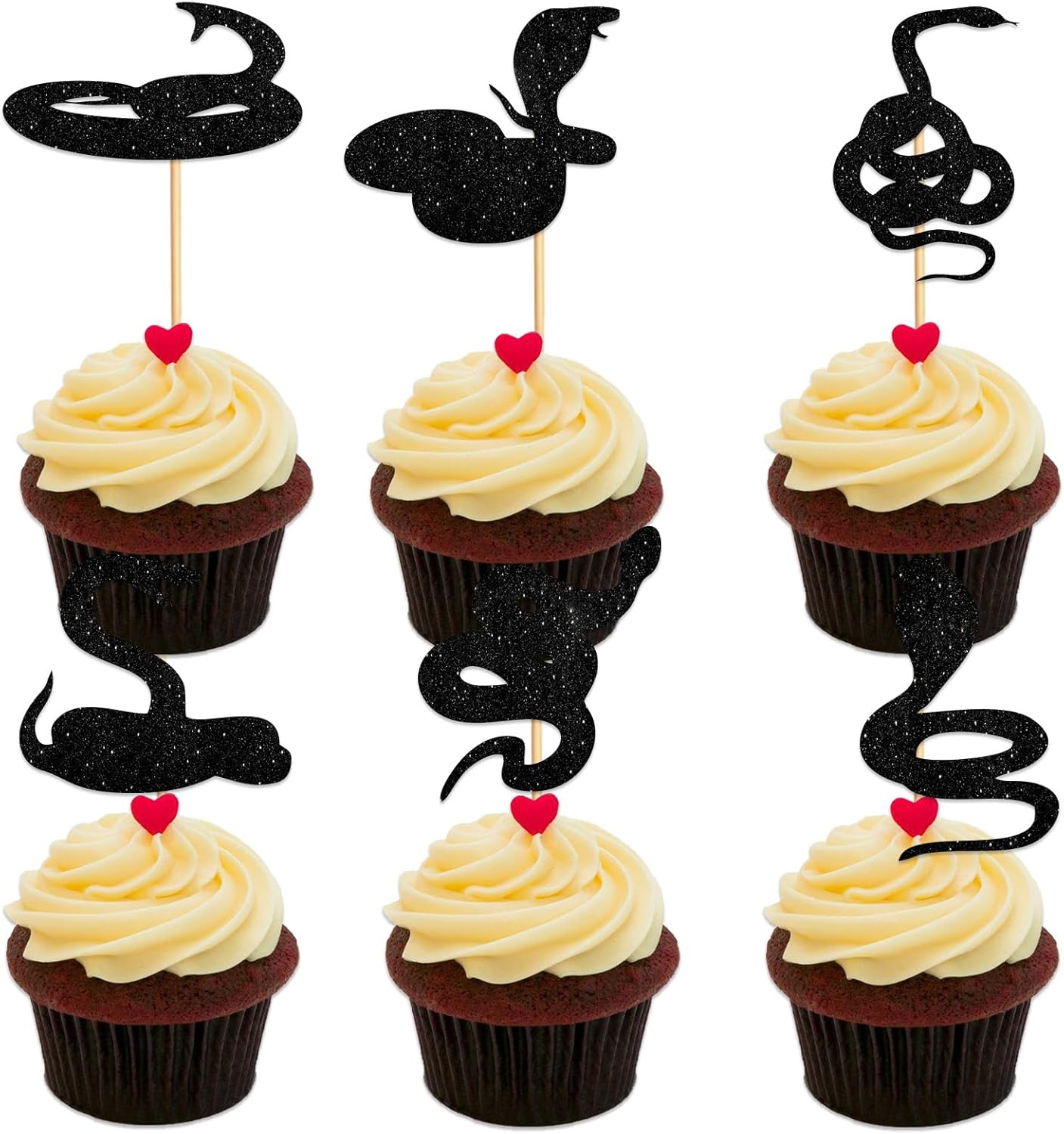 Snake Cupcake Topper for Snake Reptile Pet Theme Party Favors Decorations Men Women Kids Happy Birthday Baby Shower Party Decor Supplies set 18pcs Black Glitter Silhouette