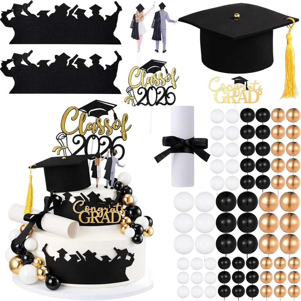 Geelin 68 Pcs Graduation Cake Toppers Class of 2026 Congrats Grad Cake Decorations Graduation Cap Diploma Tassel Hat Topper Balls Acrylic Grad Cupcake Decor Party Supplies(Black and Gold)