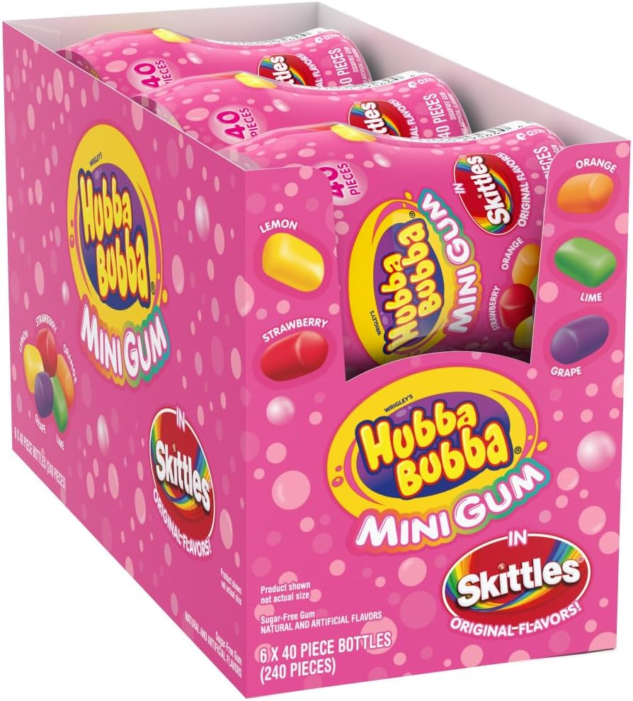 HUBBA BUBBA Minis SKITTLES Flavored Sugar-Free Bubble Gum Packs, Bulk Gum 6-Pack (240 Pieces)